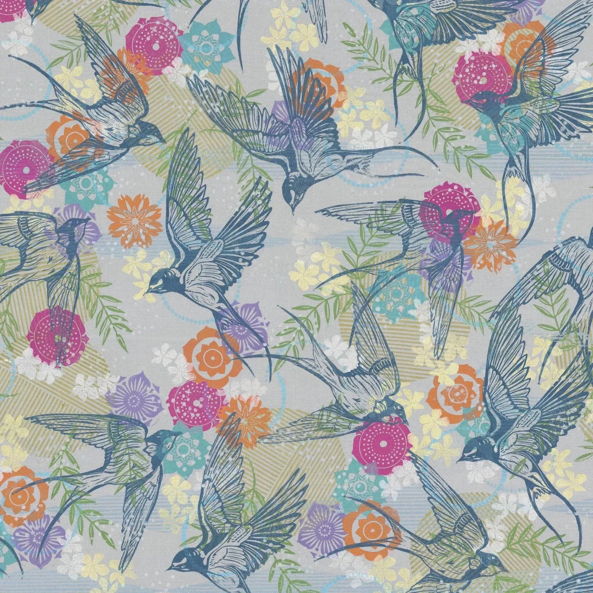 Teak birds and colorful flowers on a textured grey background