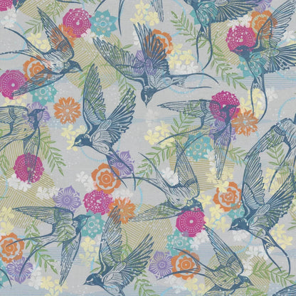 Teak birds and colorful flowers on a textured grey background