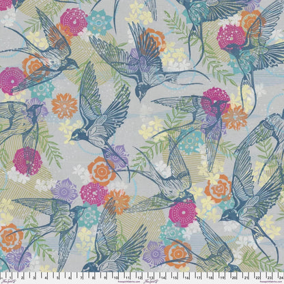 Teal birds and colorful flowers on a textured grey background with a ruler for scale