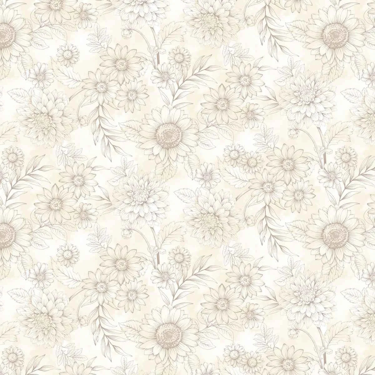 A repeating floral pattern with delicate hand-drawn flowers and leaves in soft beige and gray tones on a warm off-white background.