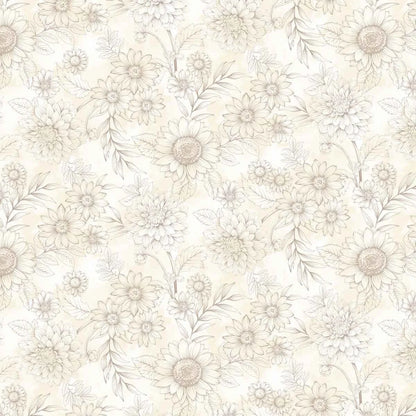 A repeating floral pattern with delicate hand-drawn flowers and leaves in soft beige and gray tones on a warm off-white background.