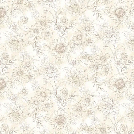 A repeating floral pattern with delicate hand-drawn flowers and leaves in soft beige and gray tones on a warm off-white background.