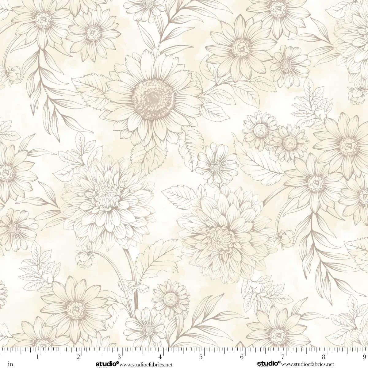 Floral pattern with beige flowers and leaves on a white background with a ruler for scale.