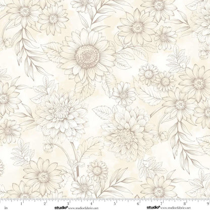 Floral pattern with beige flowers and leaves on a white background with a ruler for scale.