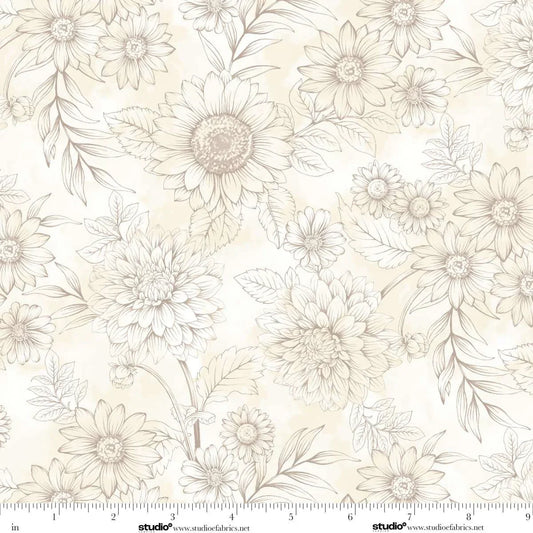 Floral pattern with beige flowers and leaves on a white background with a ruler for scale.