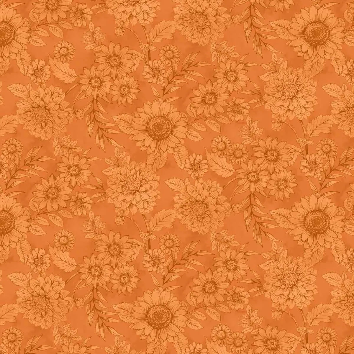 A repeating pattern of hand-drawn sunflowers on a warm orange background.