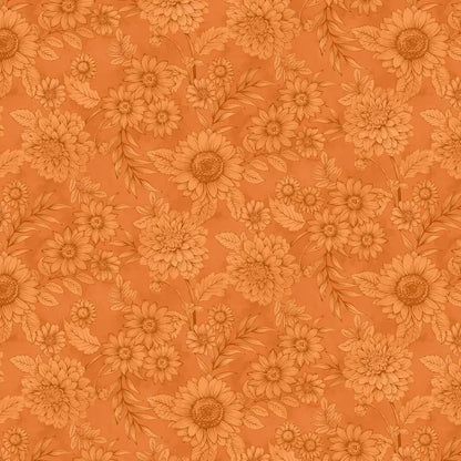 A repeating pattern of hand-drawn sunflowers on a warm orange background.