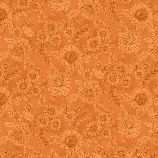 A repeating pattern of hand-drawn sunflowers on a warm orange background.