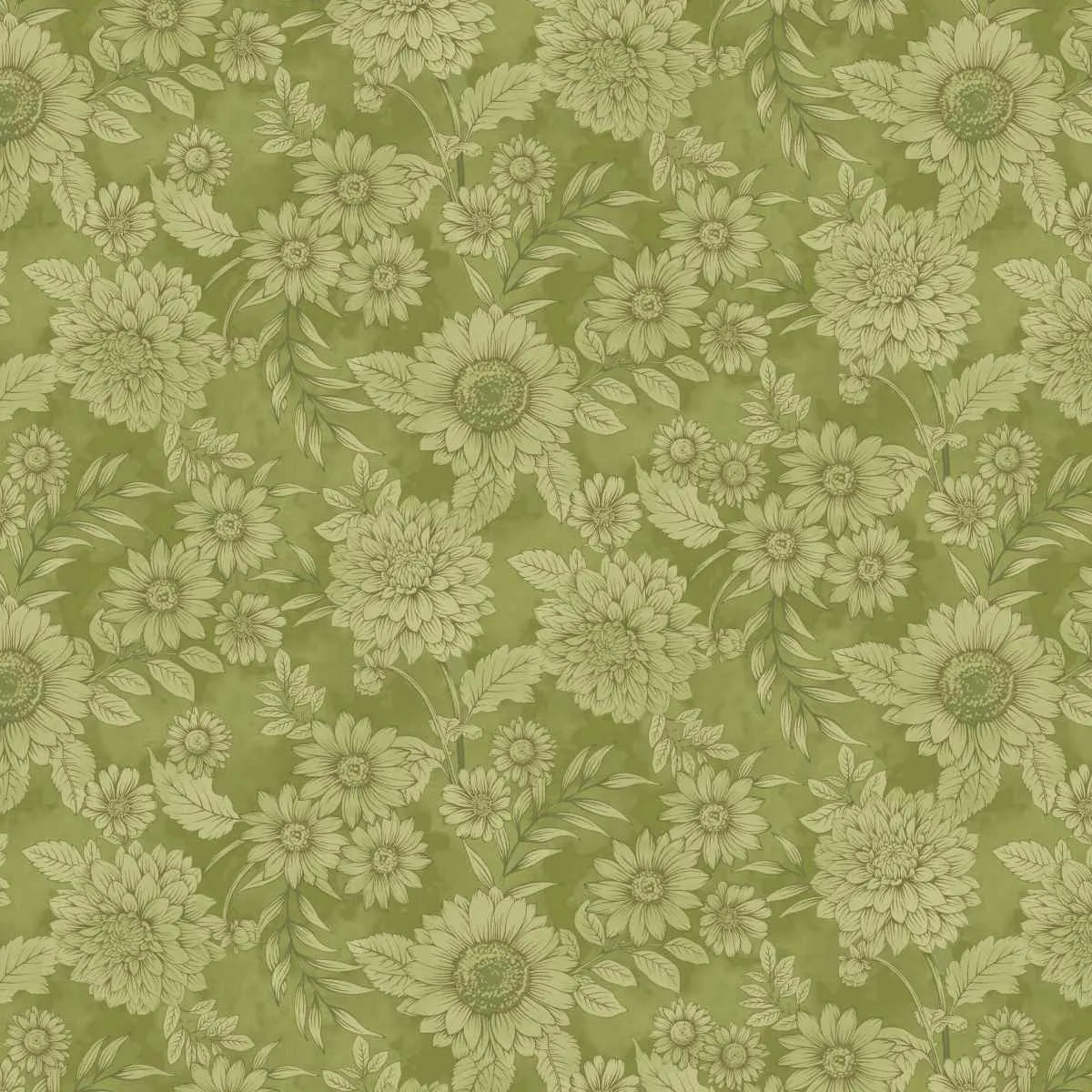 Floral pattern with green flowers and leaves on a green background.