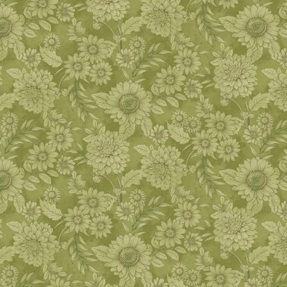 Floral pattern with green flowers and leaves on a green background.