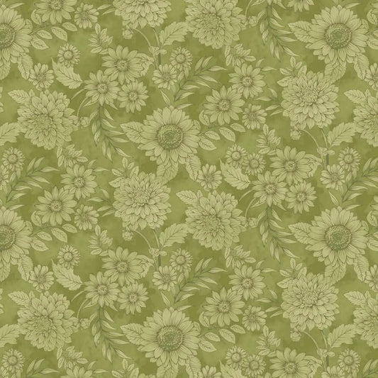 Floral pattern with green flowers and leaves on a green background.