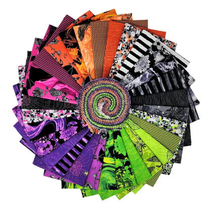 A fanned-out bundle of colorful fabric squares in vivid purples, oranges, greens, grays, and blacks, featuring floral designs, moths, spiderwebs, stripes, and abstract shapes with a Strip Roll in the center.