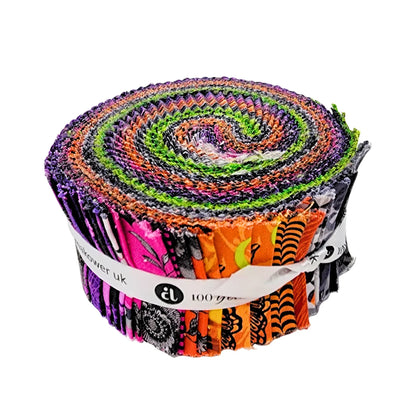 A 2 1/2" Strip Roll on its side showcasing a swirl of purple, green, orange, pink, and black fabrics.