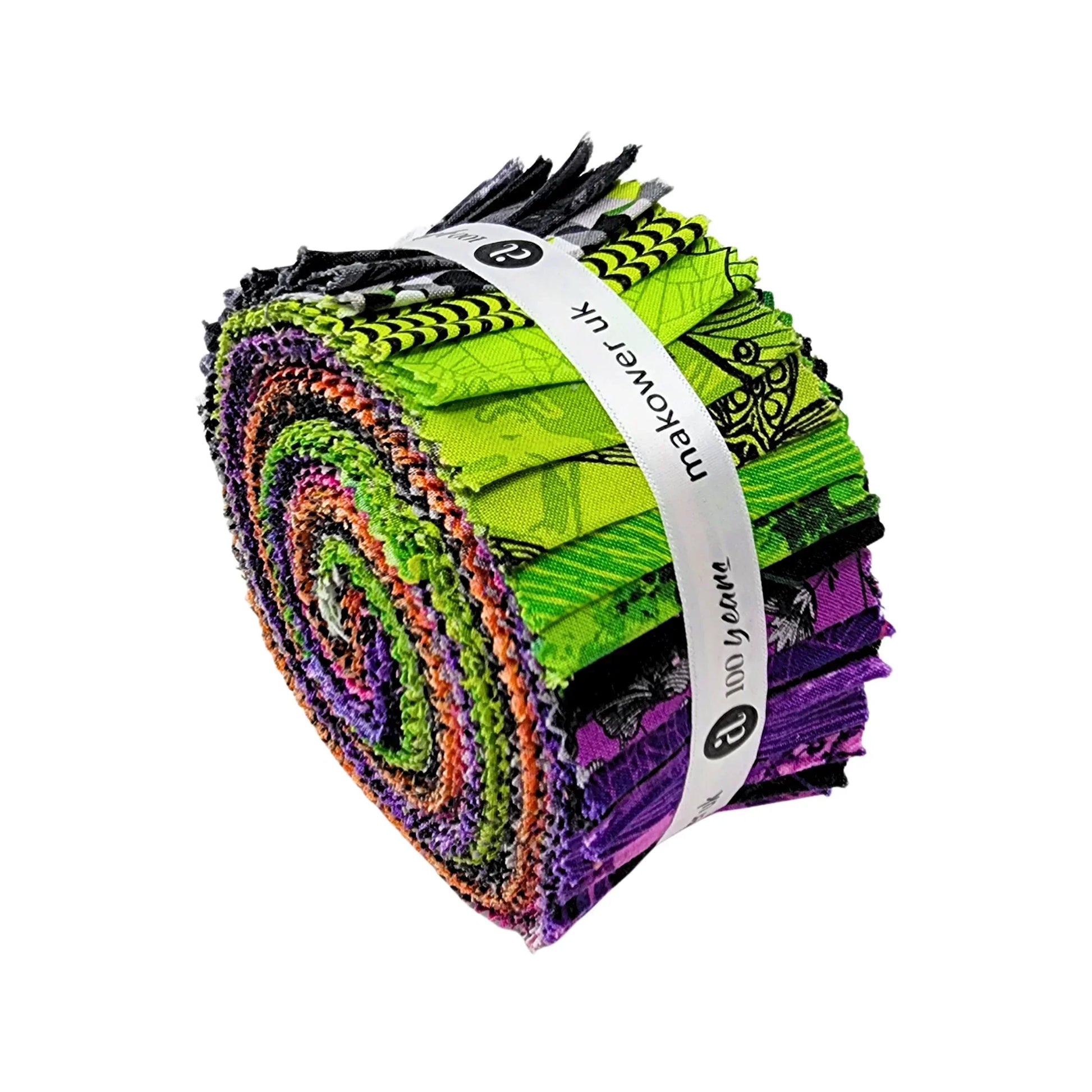 A 2 1/2" Strip Roll on its side showcasing a swirl of purple, green, orange, pink, and black fabrics.