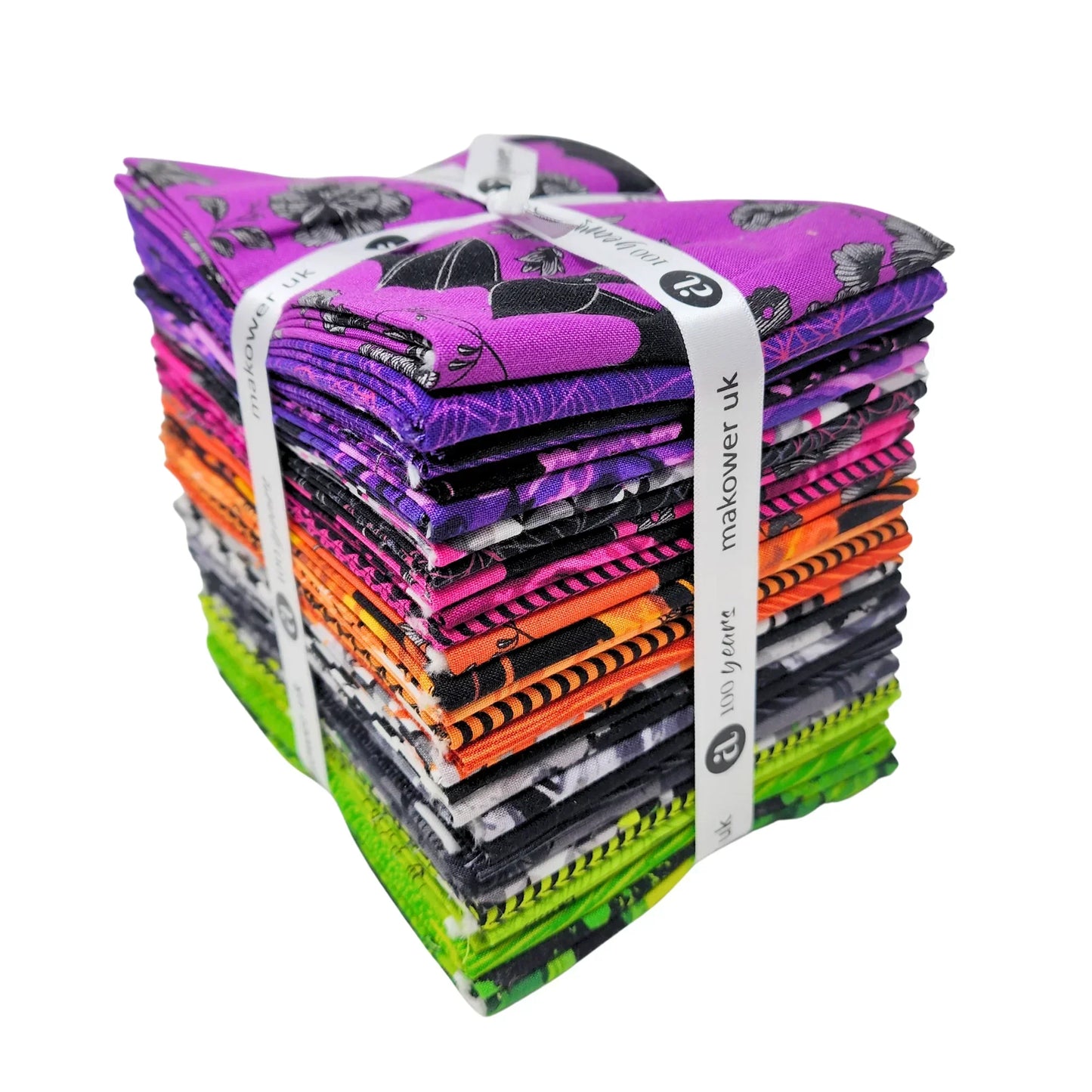 A bundle of 30 fat quarters in shades of purple, pink, orange, black, and green tied with a white ribbon.