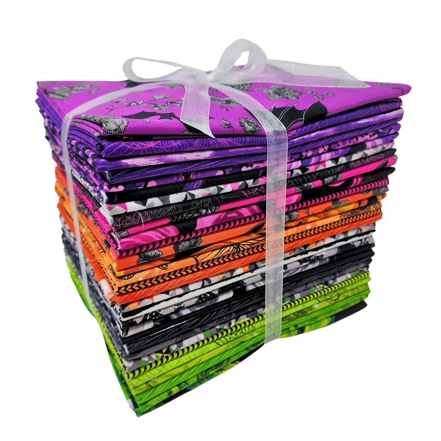 A bundle of 30 one-yard cuts of fabric in shades of purple, pink, orange, black, and green tied with a white ribbon.