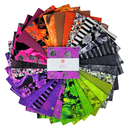 A fanned-out bundle of colorful fabric squares in vivid purples, oranges, greens, grays, and blacks, featuring floral designs, moths, spiderwebs, stripes, and abstract shapes with a 5" Charm Pack in the center.