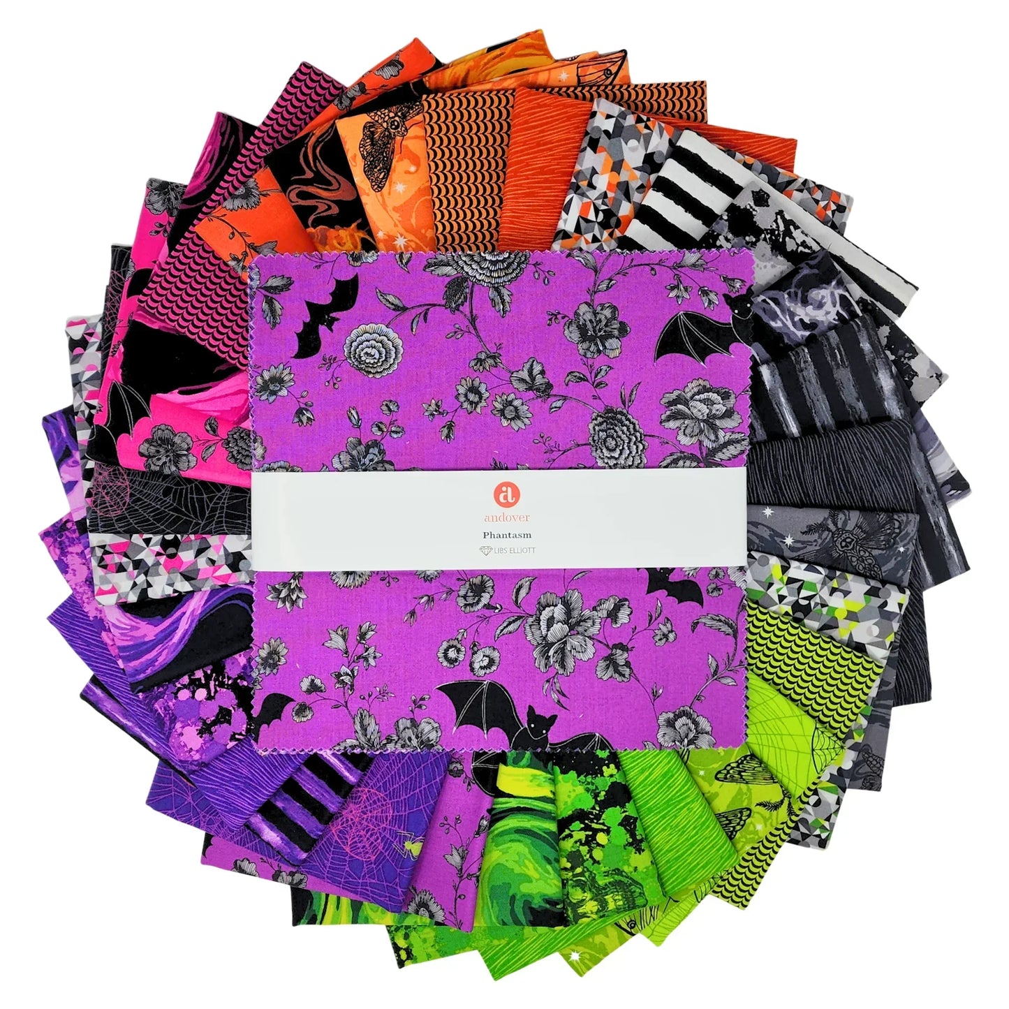 A fanned-out bundle of colorful fabric squares in vivid purples, oranges, greens, grays, and blacks, featuring floral designs, moths, spiderwebs, stripes, and abstract shapes with a 10" Layer Cake in the center.