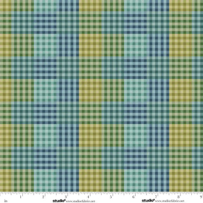 Plaid pattern with green, blue, and teal colors and a ruler at the bottom for scale.