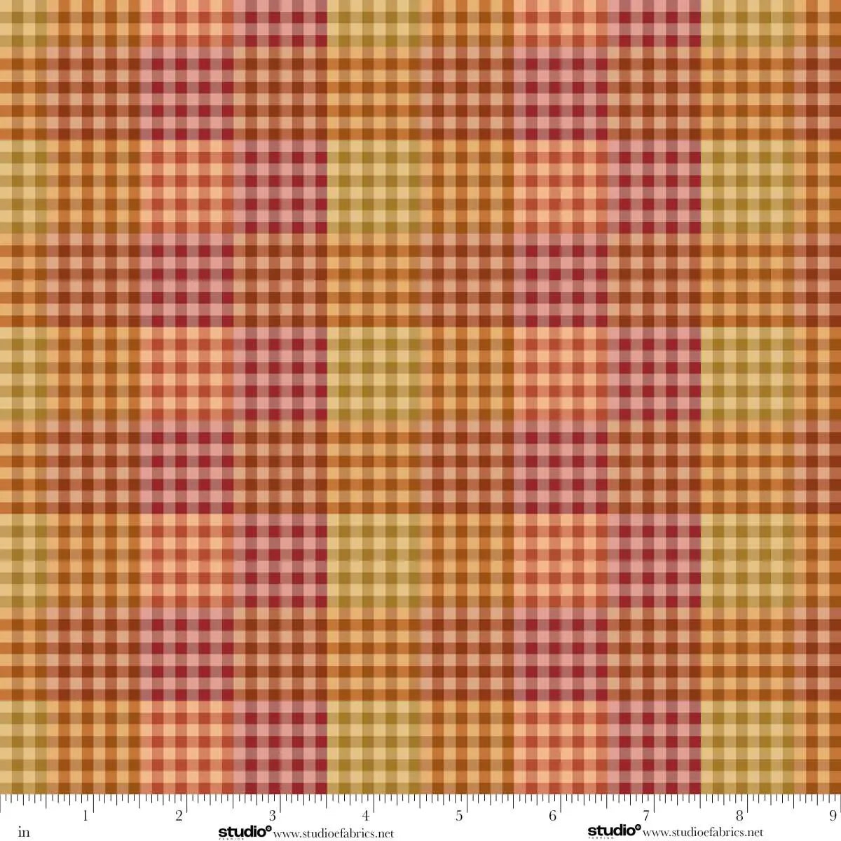 Plaid pattern with red, yellow, and orange colors and a ruler at the bottom for scale.