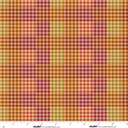 Plaid pattern with red, yellow, and orange colors and a ruler at the bottom for scale.