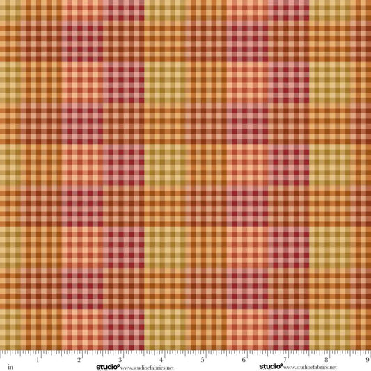 Plaid pattern with red, yellow, and orange colors and a ruler at the bottom for scale.