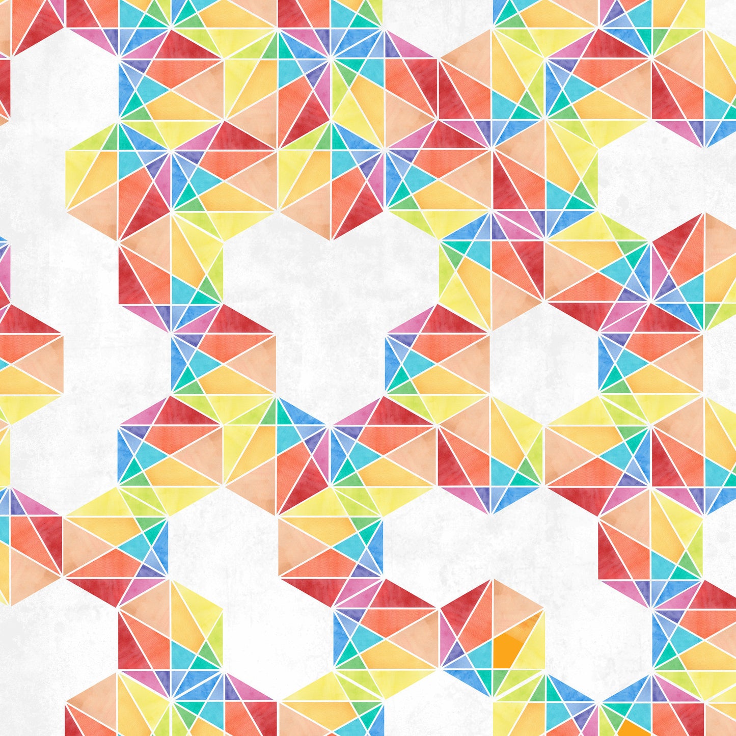 Fabric with a bold, graphic pattern of hexagons subdivided into vivid, multicolored triangles.