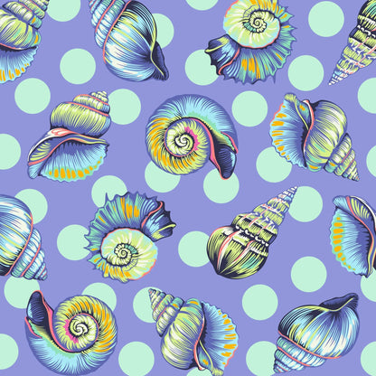 Colorful detailed shell pattern on a purple background with aqua polka dots.