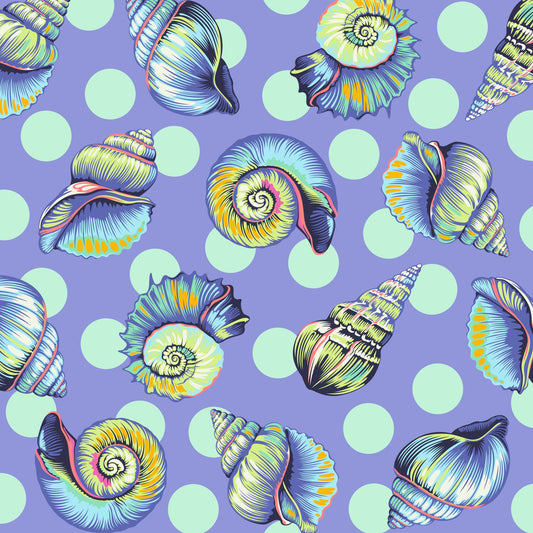 Colorful detailed shell pattern on a purple background with aqua polka dots.