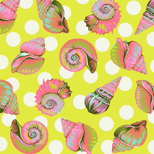Colorful detailed shell pattern on a lime green background with white polka dots.