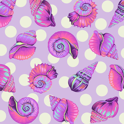 Colorful detailed shell pattern on a lavender background with white polka dots.