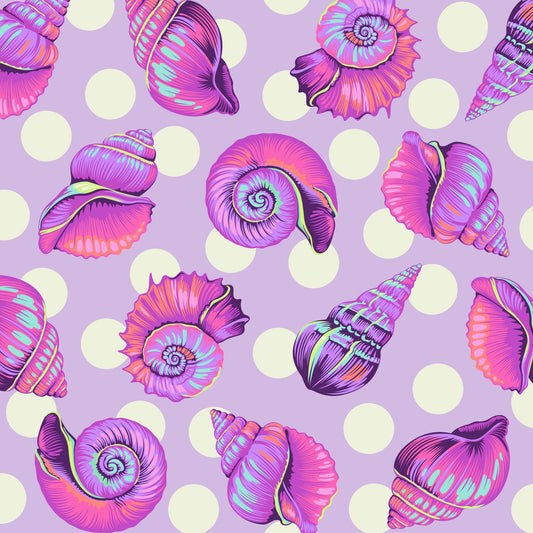 Colorful detailed shell pattern on a lavender background with white polka dots.