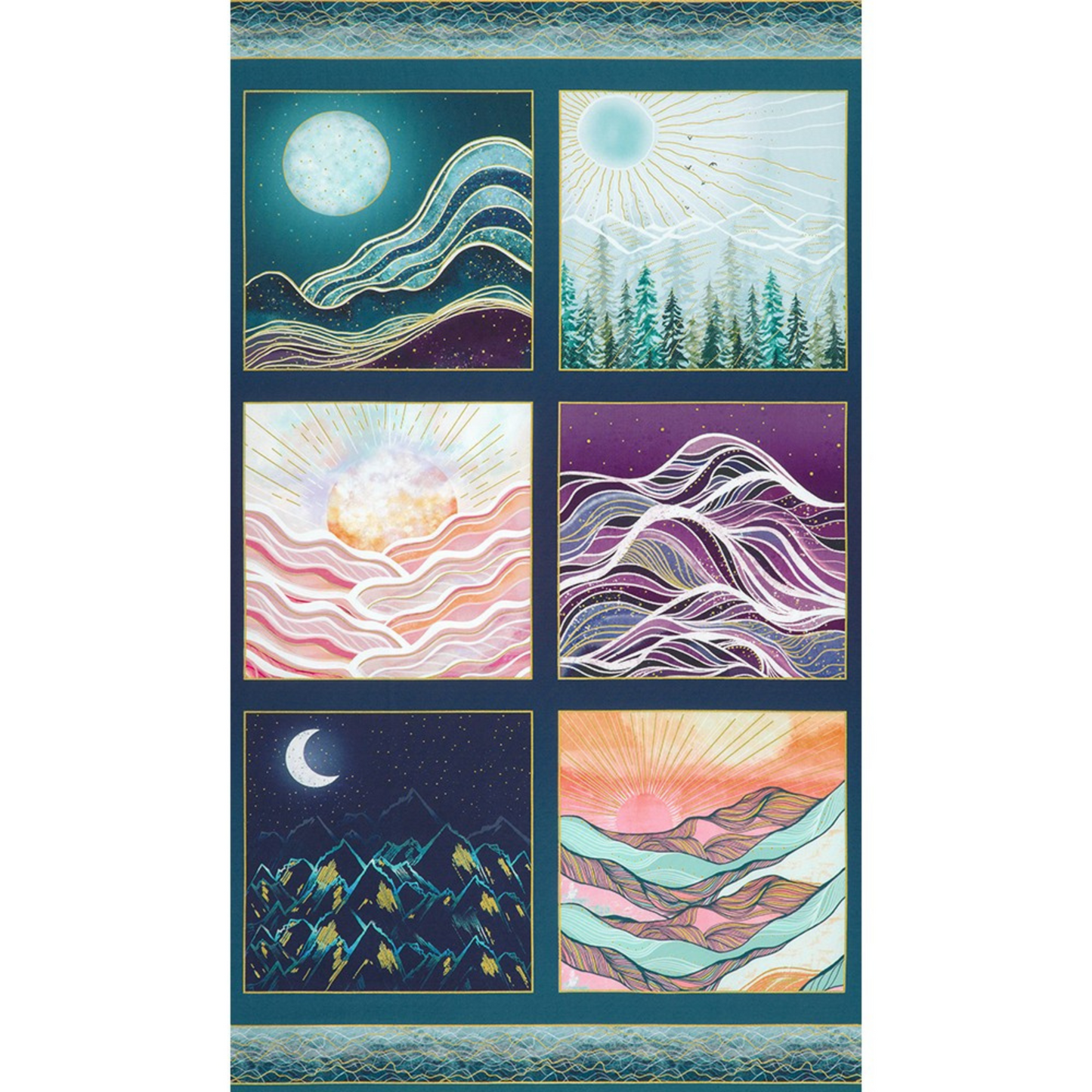 Set of six stylized landscape illustrations in a grid layout that showcases a surreal blend of mountains, forests, and celestial skies