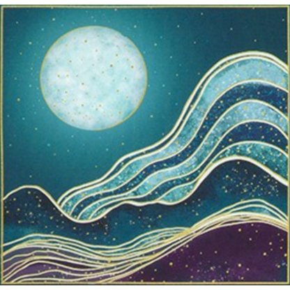 Artistic depiction of a moon over wavy, lined hills on a starry night sky.