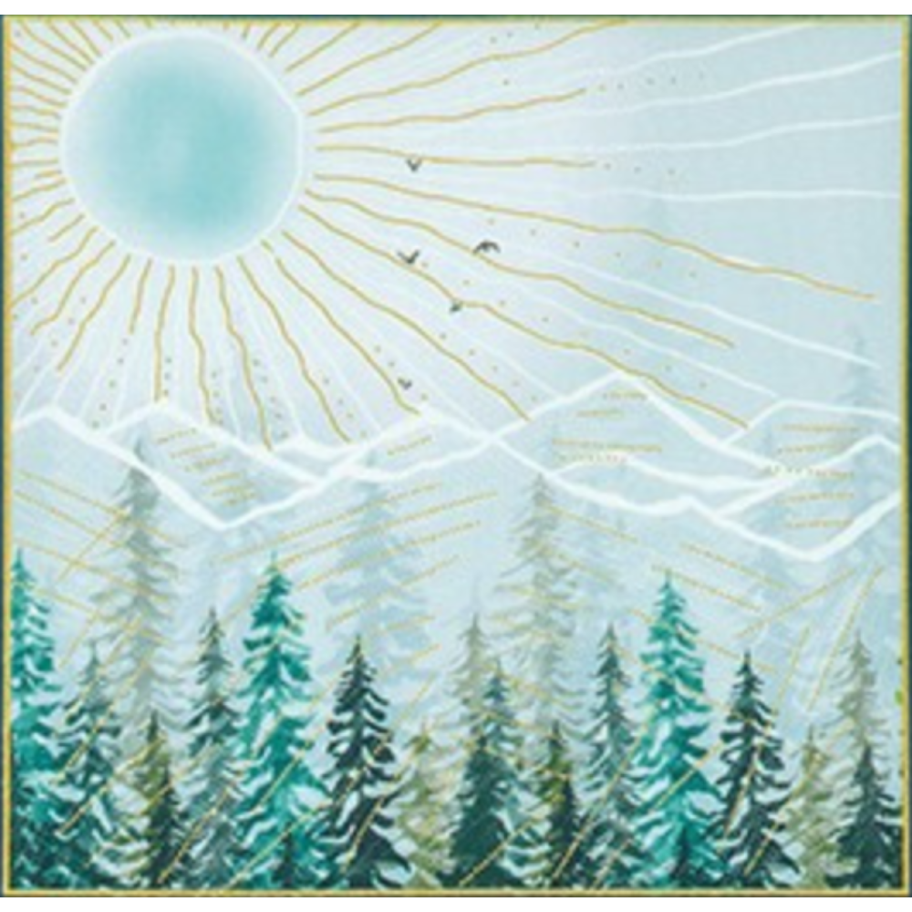 Surreal landscape with trees, sun, and abstract mountains