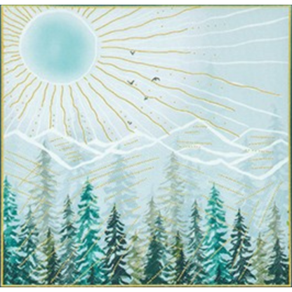 Surreal landscape with trees, sun, and abstract mountains