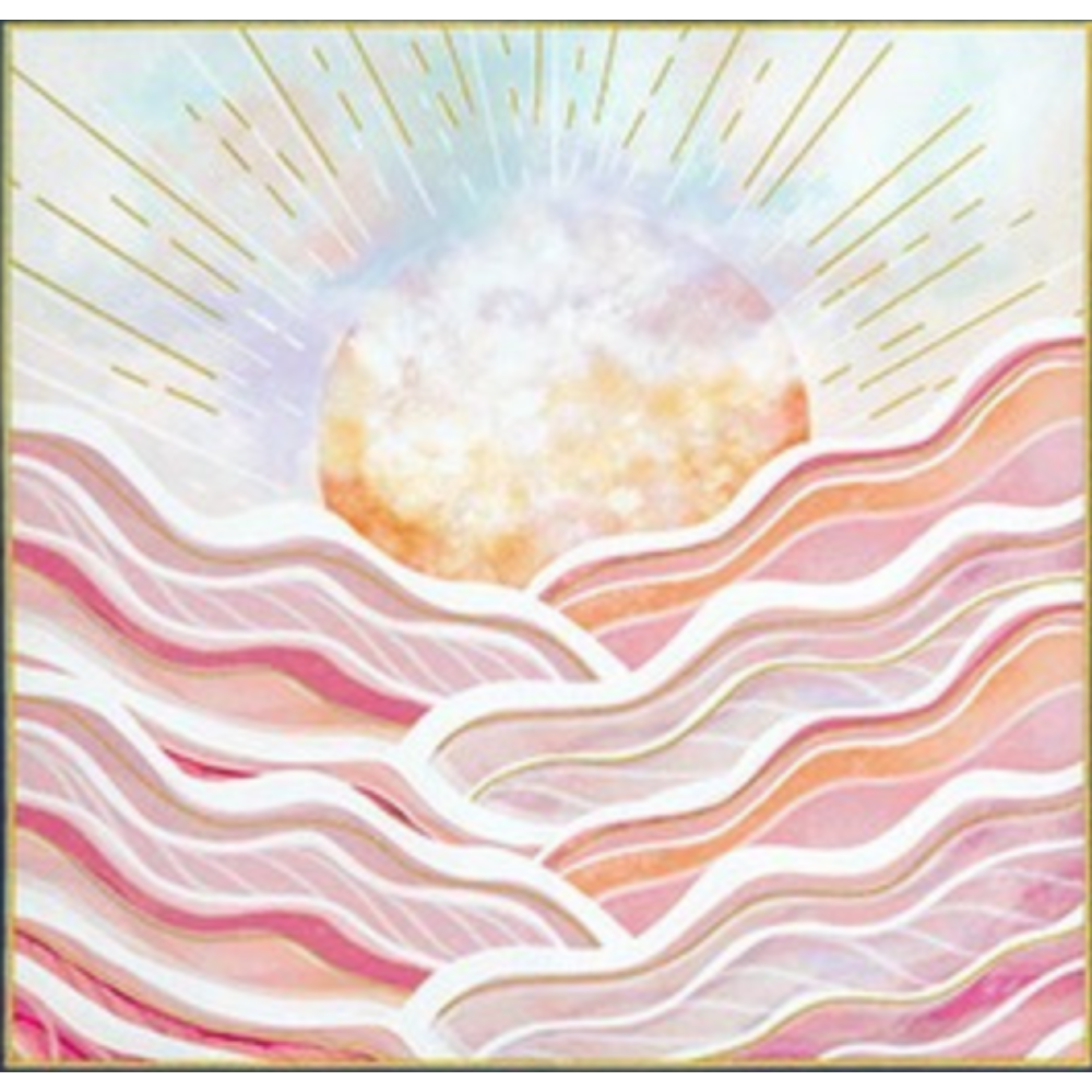 Abstract artwork of a sun with golden rays and wavy pink lines