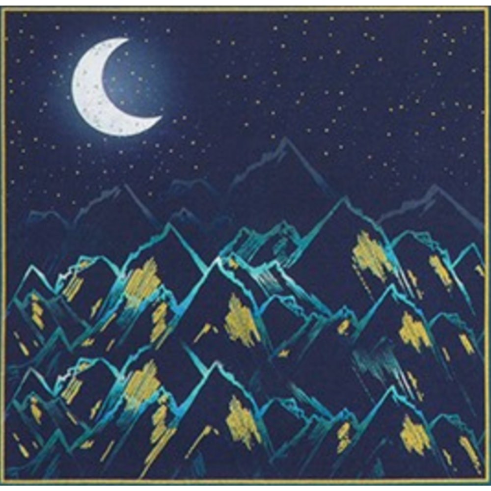 Mountain landscape at night with a crescent moon and stars