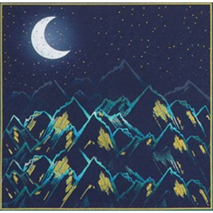 Mountain landscape at night with a crescent moon and stars