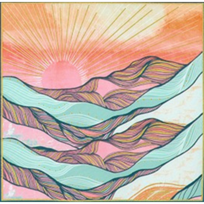 Colorful mountain landscape with a sunburst in the sky