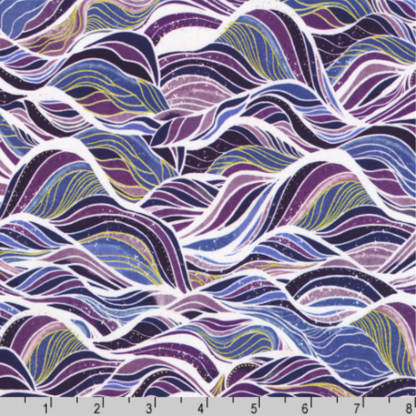 Wavy pattern fabric with purple, blue, and green colors on a white background with a ruler for scale.