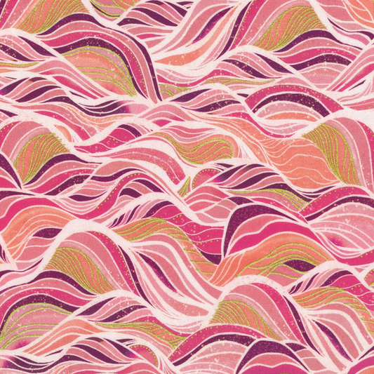 Wavy pattern with pink, purple, and gold colors on a white background