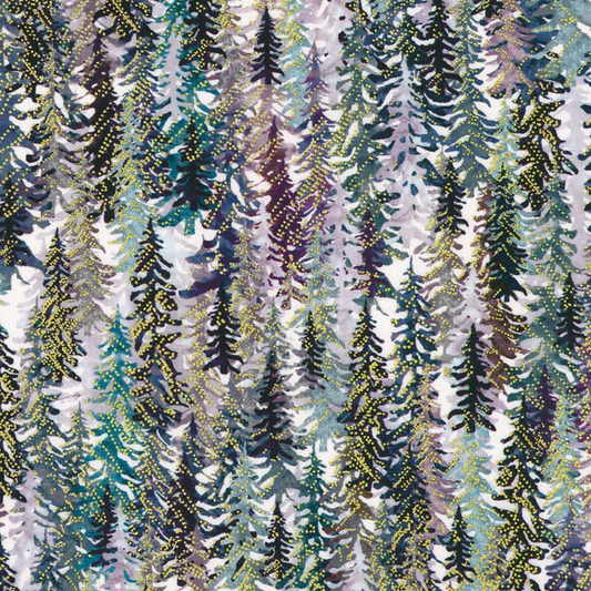 Layered silhouettes of evergreen trees in shades of teal, violet, charcoal, and soft grey.