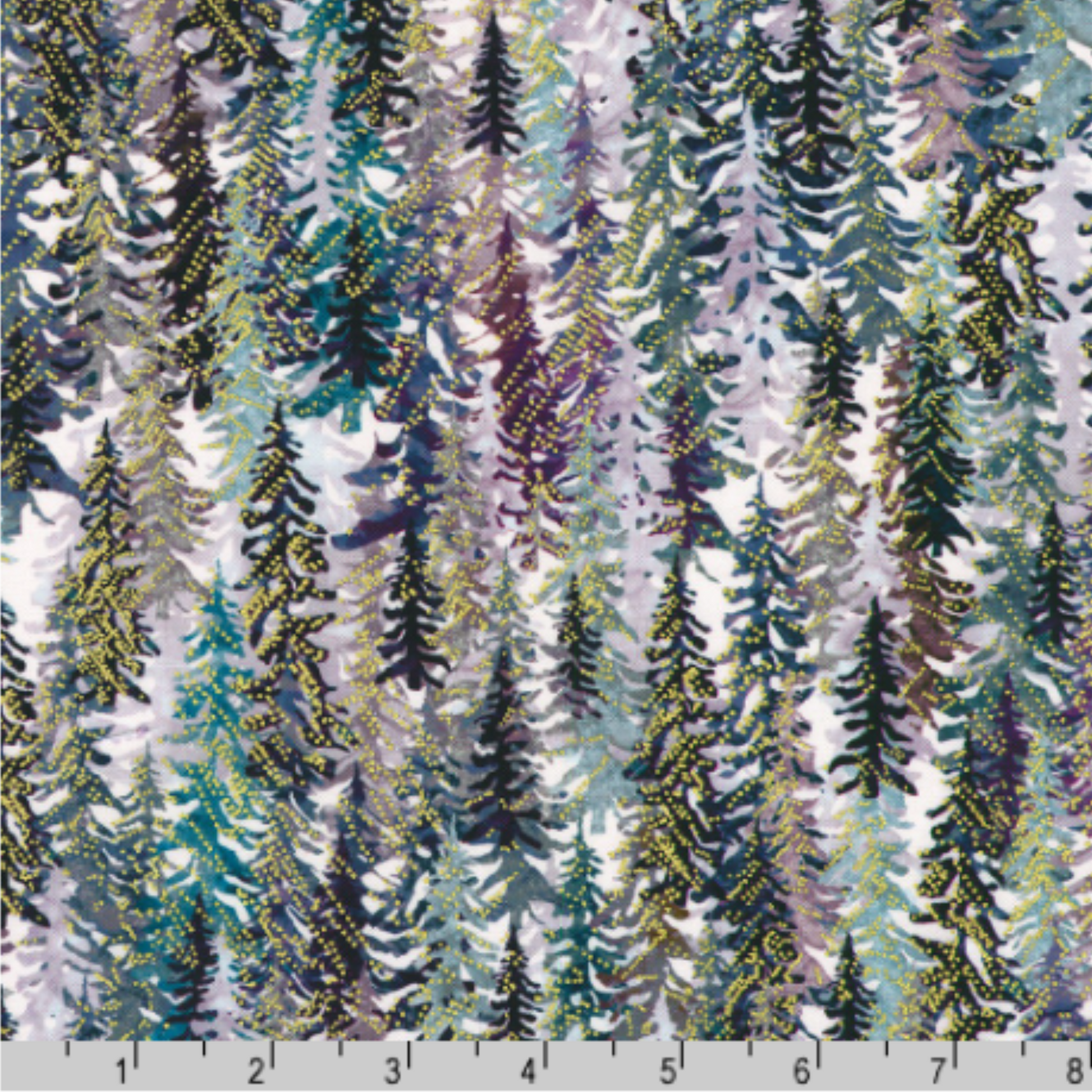 Layered silhouettes of evergreen trees in shades of teal, violet, charcoal, and soft grey with a ruler at the bottom for scale.