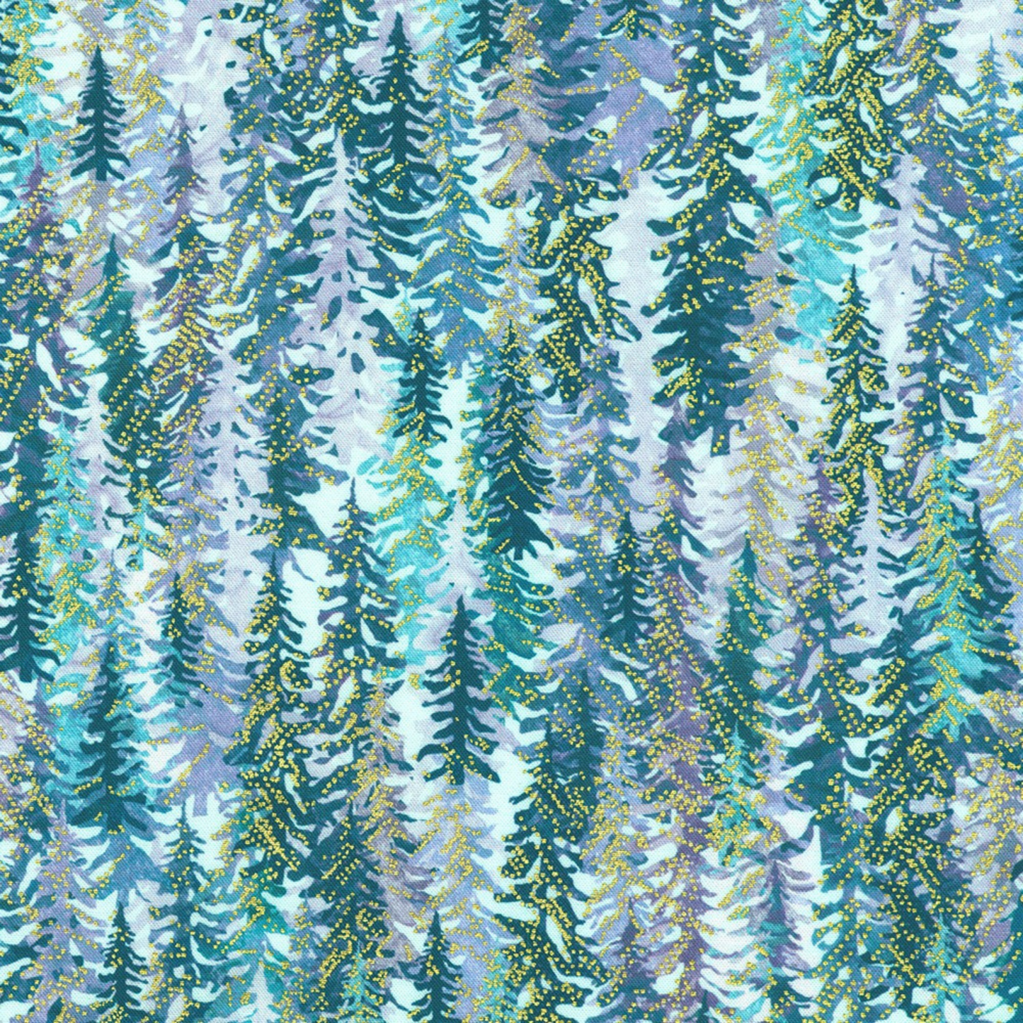 Layered silhouettes of evergreen trees in soothing shades of teal, aqua, lavender, and soft misty grey, accented with delicate gold speckles.