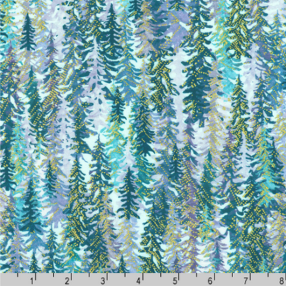 Layered silhouettes of evergreen trees in soothing shades of teal, aqua, lavender, and soft misty grey, accented with delicate gold speckles with a ruler for scale.