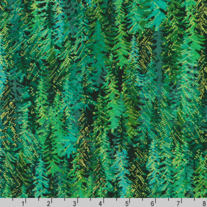 Layered silhouettes of lush evergreen trees in rich shades of green, emerald, and jade with tiny gold metallic accents and a ruler for scale.