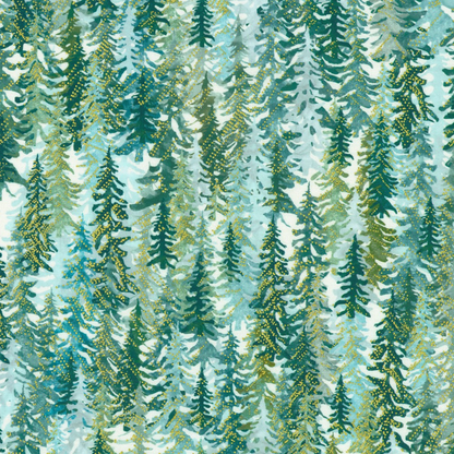Evergreen trees in calming shades of teal, sage, and mint, set against a light-blue, airy background.