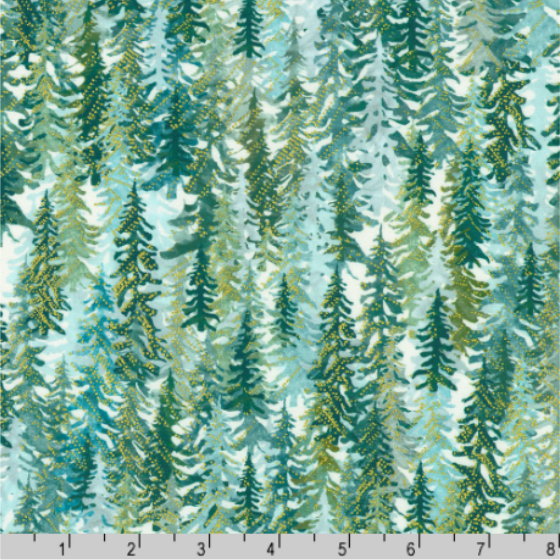 Evergreen trees in calming shades of teal, sage, and mint, set against a light-blue, airy background with a ruler for scale.