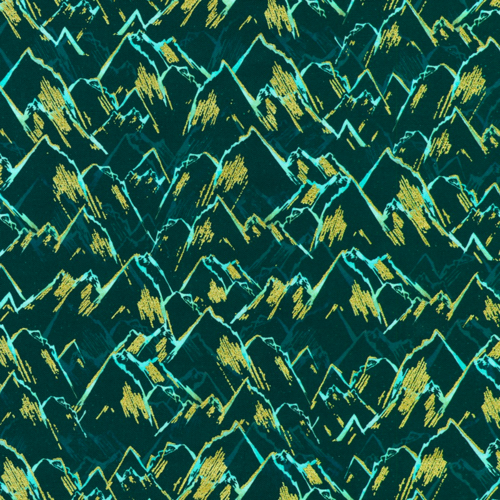 An abstract, hand-drawn landscape of layered mint and turquoise mountain peaks accented with gold set against a dark, teal-black background.